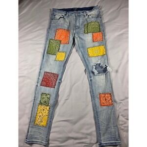 Serenade Patchwork Jeans Men 36x33 Bandana Distressed Slim Stretch Denim
